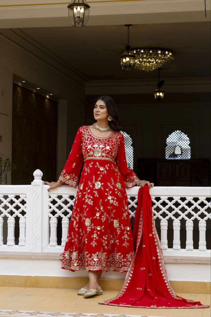Red Embroidered Anarkali Gown Set