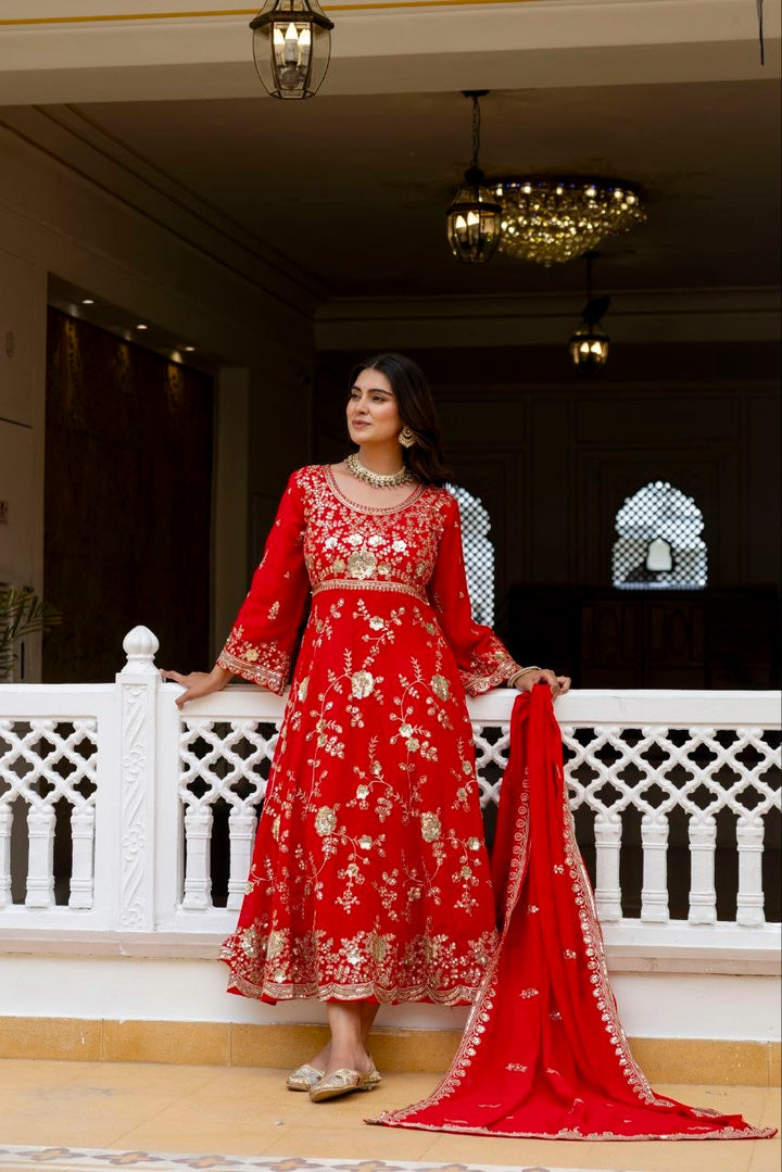 Red Embroidered Anarkali Gown Set