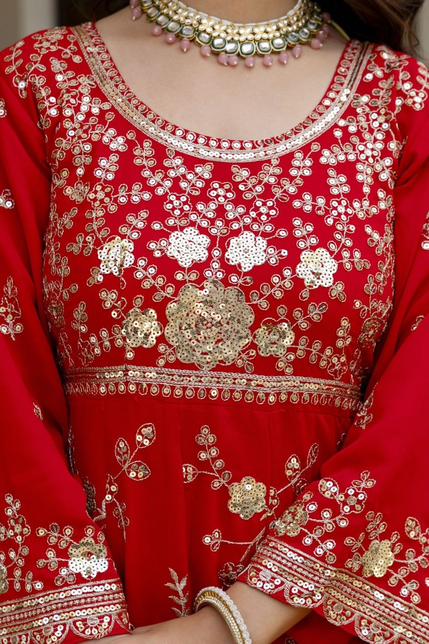 Red Embroidered Anarkali Gown Set