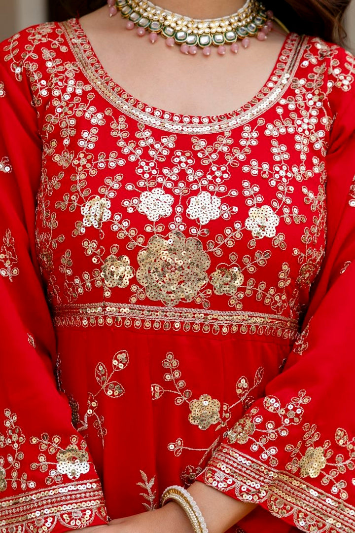 Red Embroidered Anarkali Gown Set