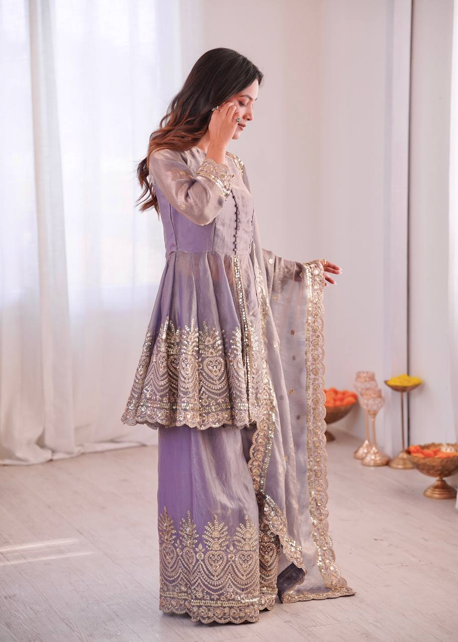 Heavy Two Tone shiny Fendy Satin Silk Party Wear Sharara Set