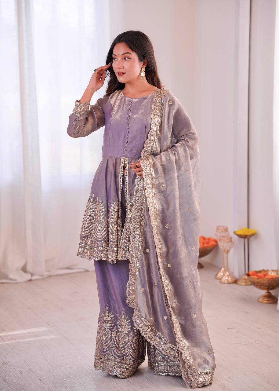 Heavy Two Tone shiny Fendy Satin Silk Party Wear Sharara Set