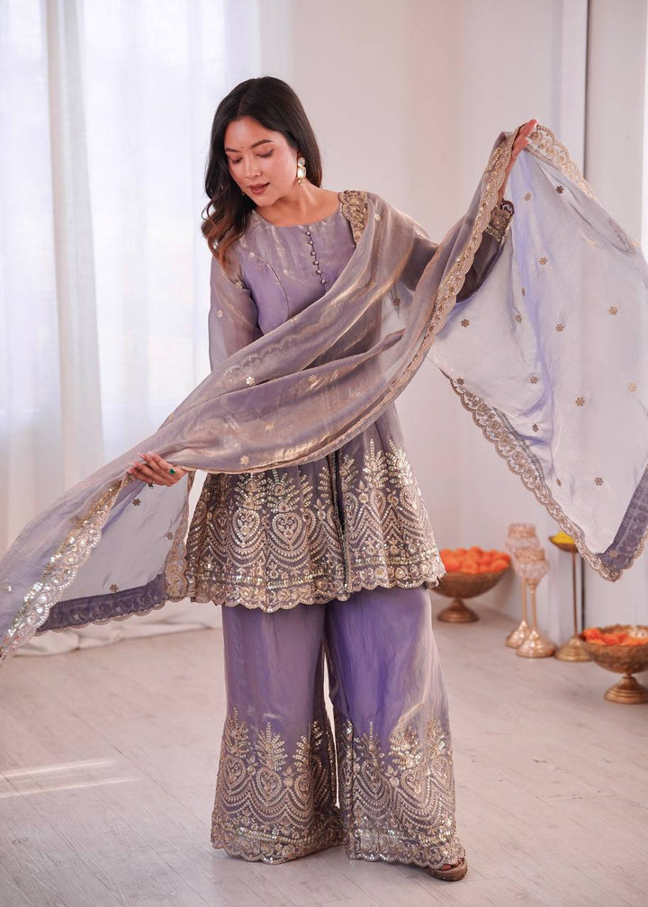 Heavy Two Tone shiny Fendy Satin Silk Party Wear Sharara Set