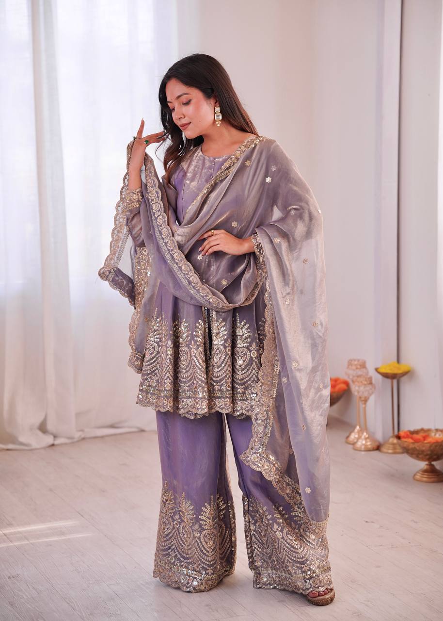 Heavy Two Tone shiny Fendy Satin Silk Party Wear Sharara Set