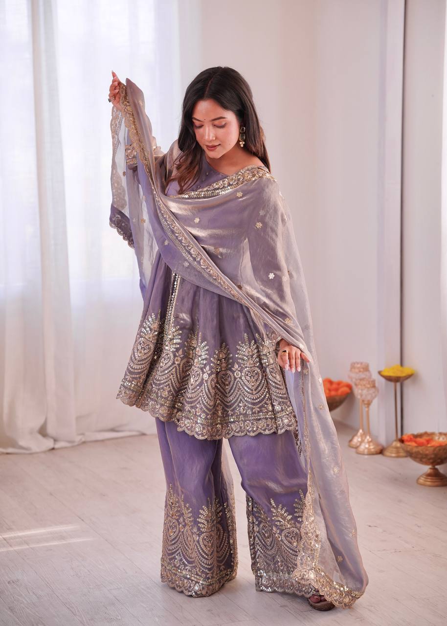 Heavy Two Tone shiny Fendy Satin Silk Party Wear Sharara Set