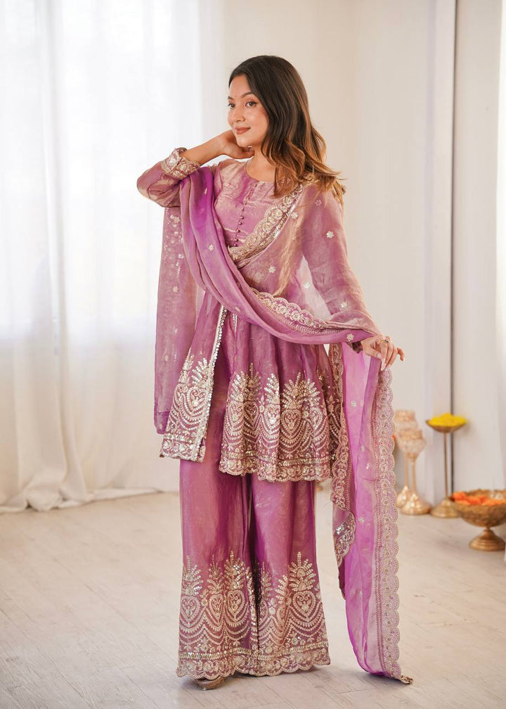 Heavy Two Tone shiny Pink Fendy Satin Silk Party Wear Sharara Set