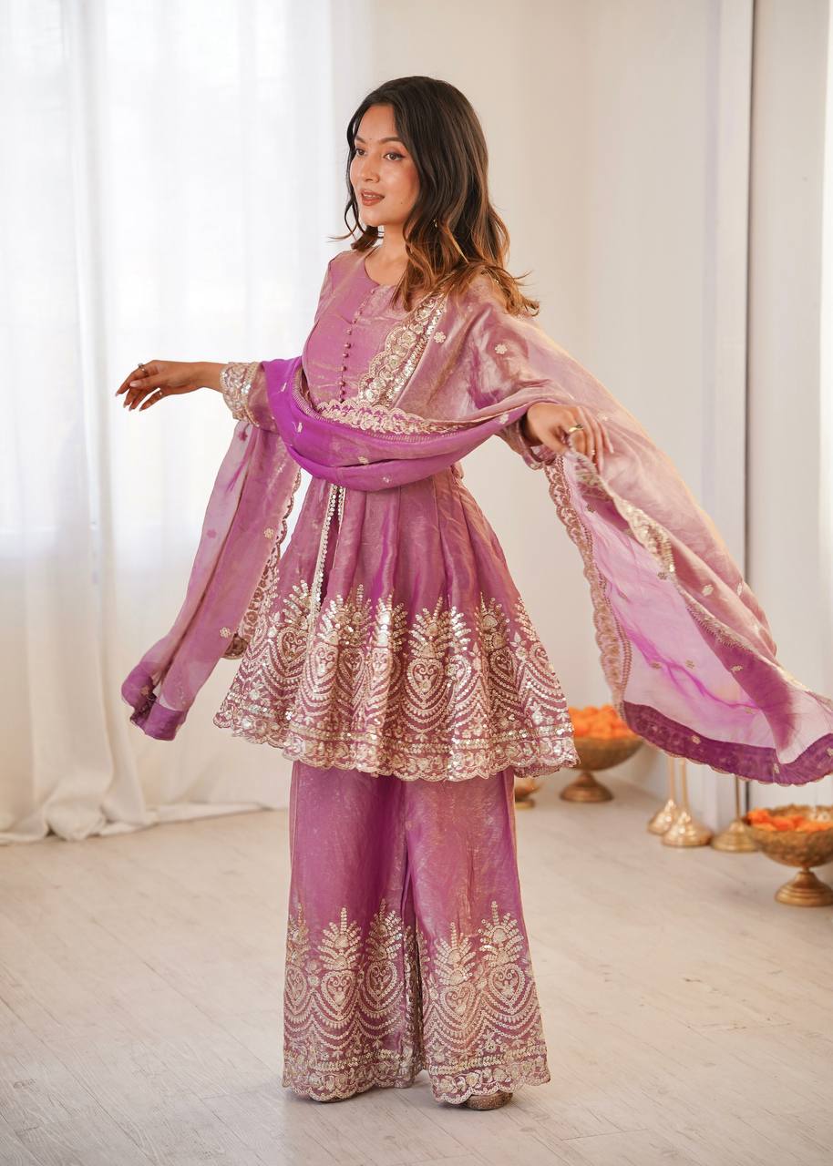 Heavy Two Tone shiny Pink Fendy Satin Silk Party Wear Sharara Set