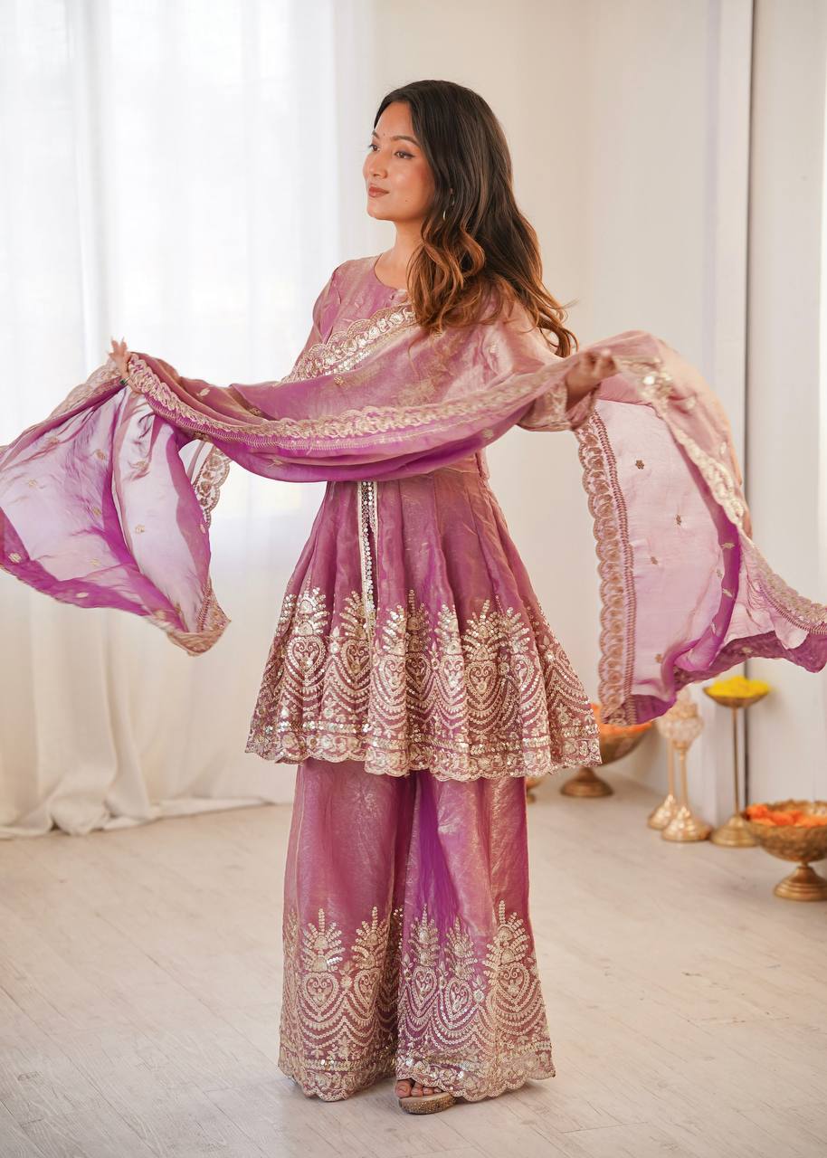 Heavy Two Tone shiny Pink Fendy Satin Silk Party Wear Sharara Set