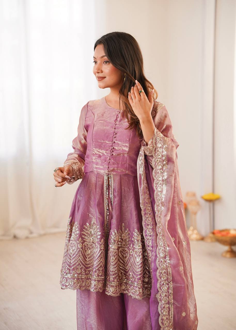 Heavy Two Tone shiny Pink Fendy Satin Silk Party Wear Sharara Set