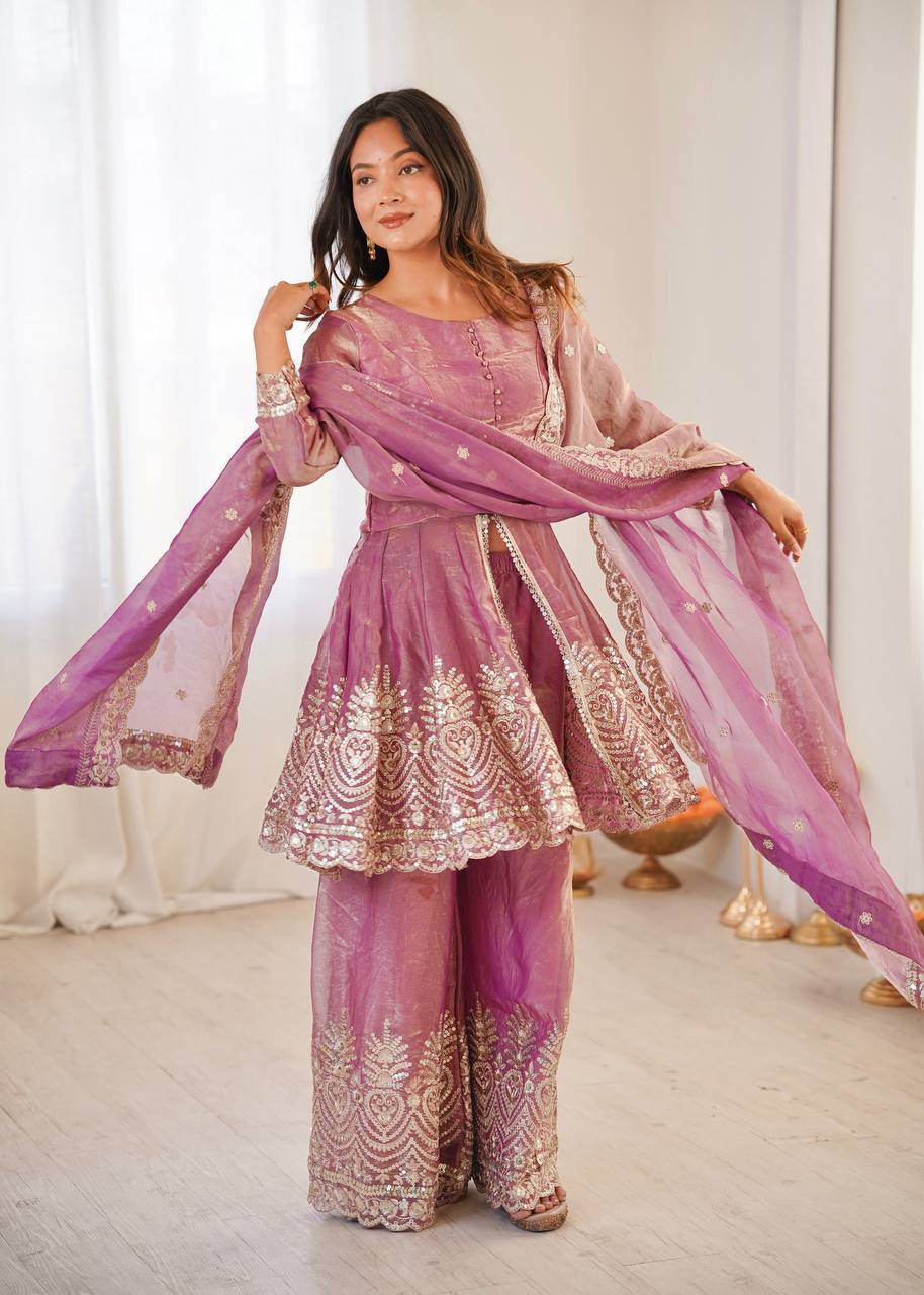 Heavy Two Tone shiny Pink Fendy Satin Silk Party Wear Sharara Set