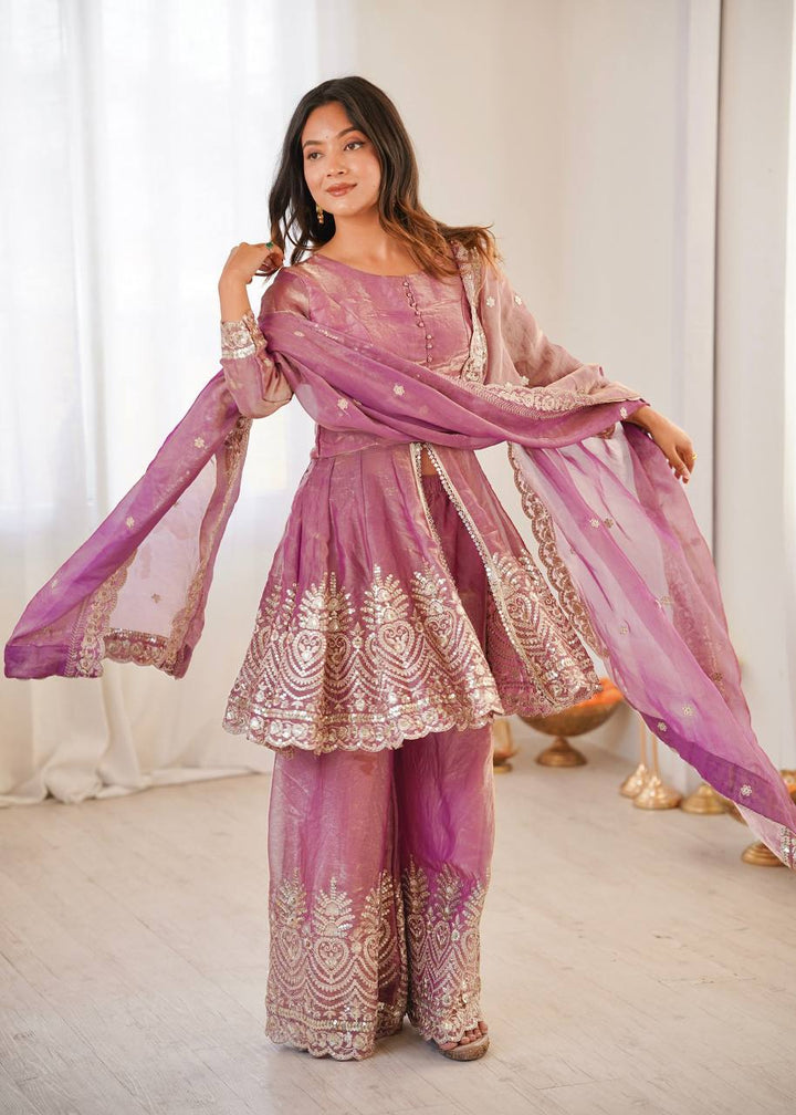 Heavy Two Tone shiny Pink Fendy Satin Silk Party Wear Sharara Set