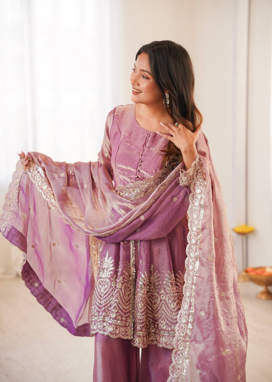 Heavy Two Tone shiny Pink Fendy Satin Silk Party Wear Sharara Set
