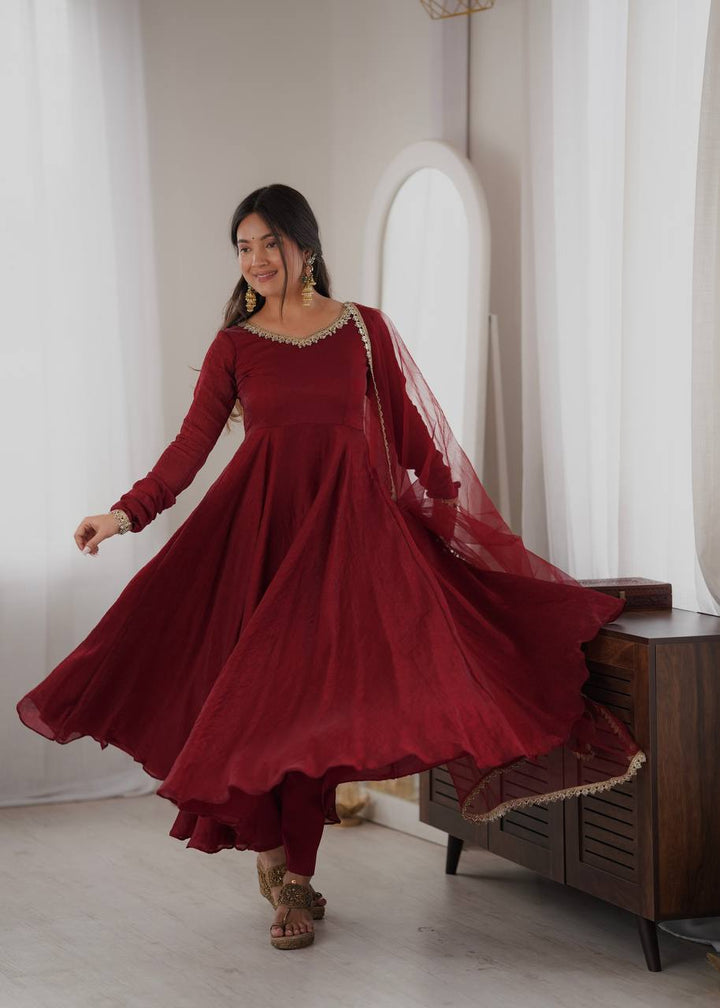 Maroon Doremon Crush With Real Mirror work Gown