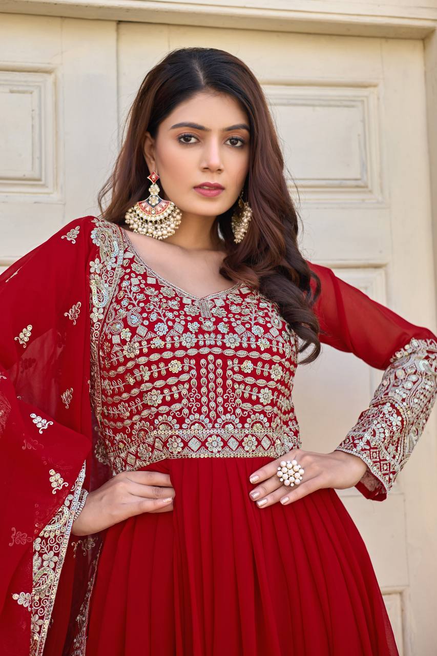 New Party Wear Look Heavy Faux Georgette Anarkali Gown Dupatta & Bottom Set