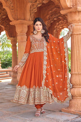 New Party Wear Orange Heavy Faux Georgette Anarkali Gown Dupatta & Bottom Set