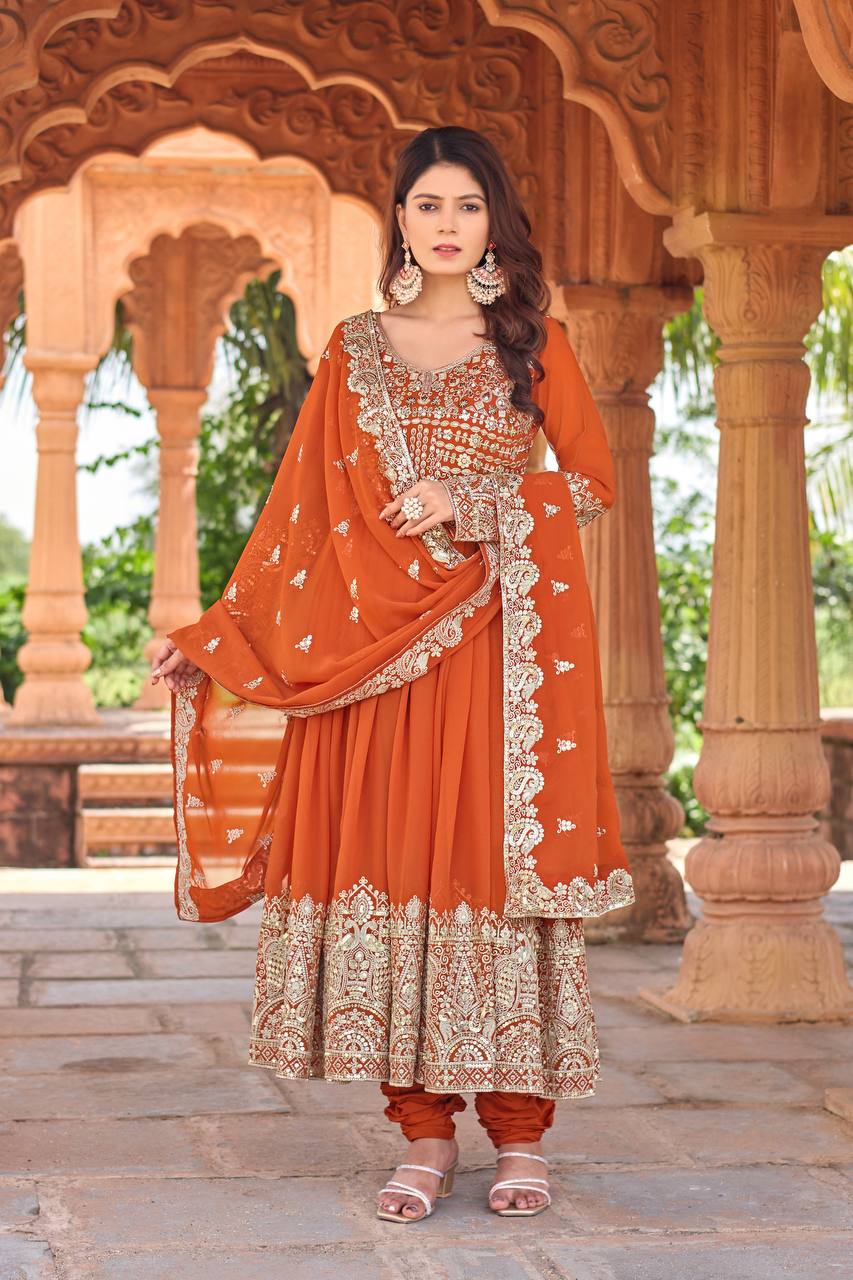 New Party Wear Orange Heavy Faux Georgette Anarkali Gown Dupatta & Bottom Set