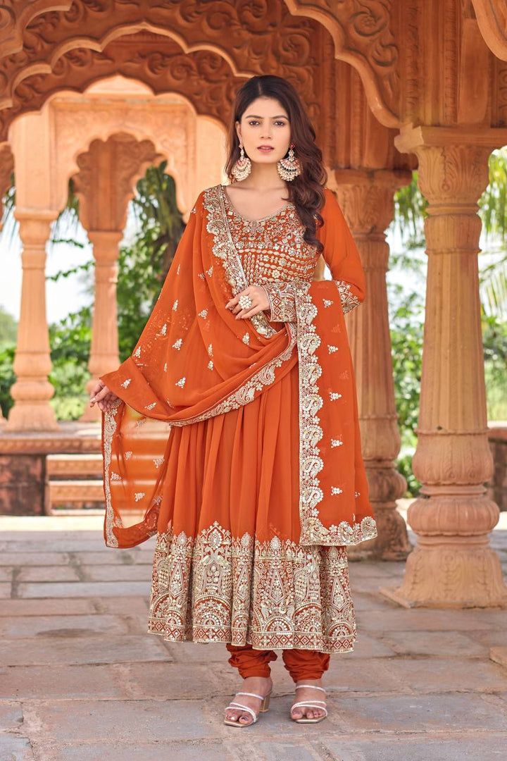 New Party Wear Orange Heavy Faux Georgette Anarkali Gown Dupatta & Bottom Set