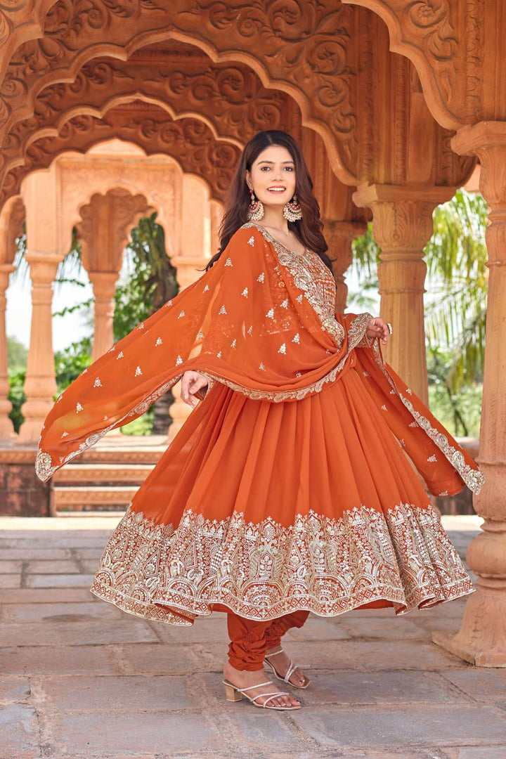 New Party Wear Orange Heavy Faux Georgette Anarkali Gown Dupatta & Bottom Set