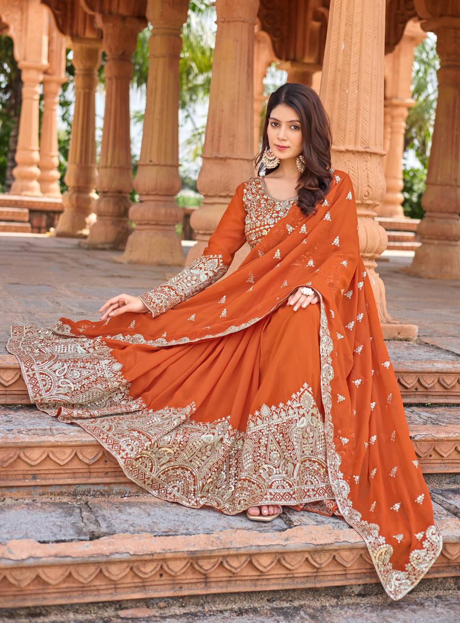 New Party Wear Orange Heavy Faux Georgette Anarkali Gown Dupatta & Bottom Set