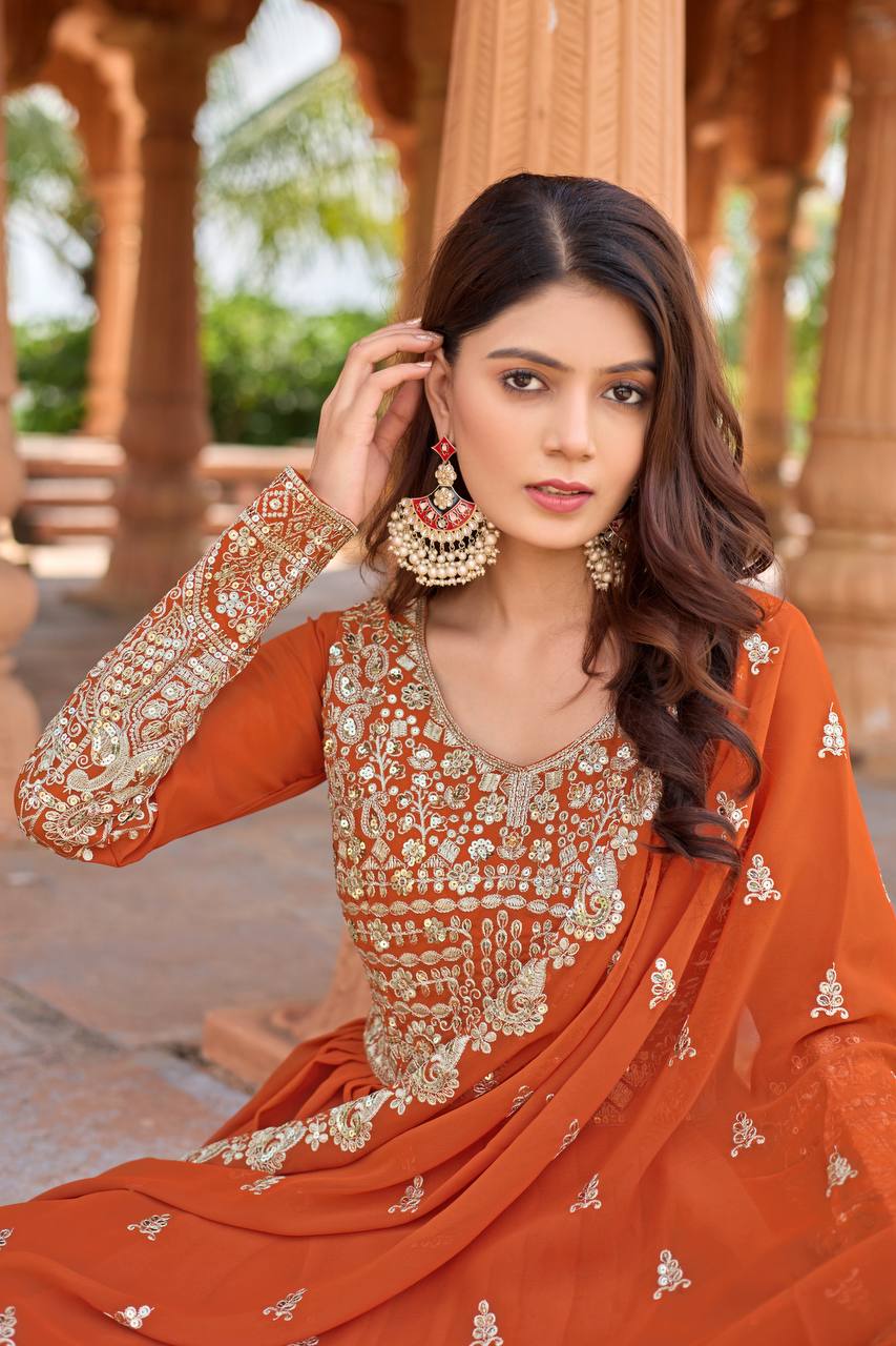 New Party Wear Orange Heavy Faux Georgette Anarkali Gown Dupatta & Bottom Set