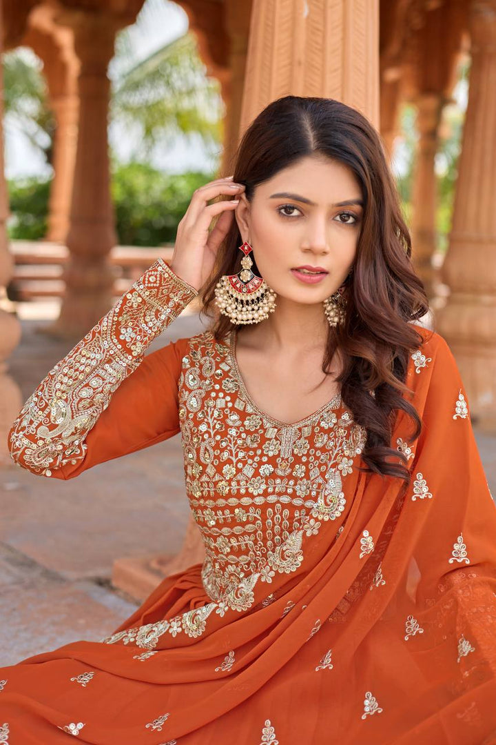 New Party Wear Orange Heavy Faux Georgette Anarkali Gown Dupatta & Bottom Set