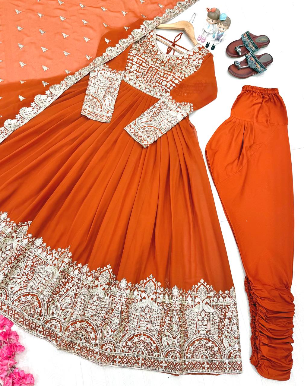 New Party Wear Orange Heavy Faux Georgette Anarkali Gown Dupatta & Bottom Set