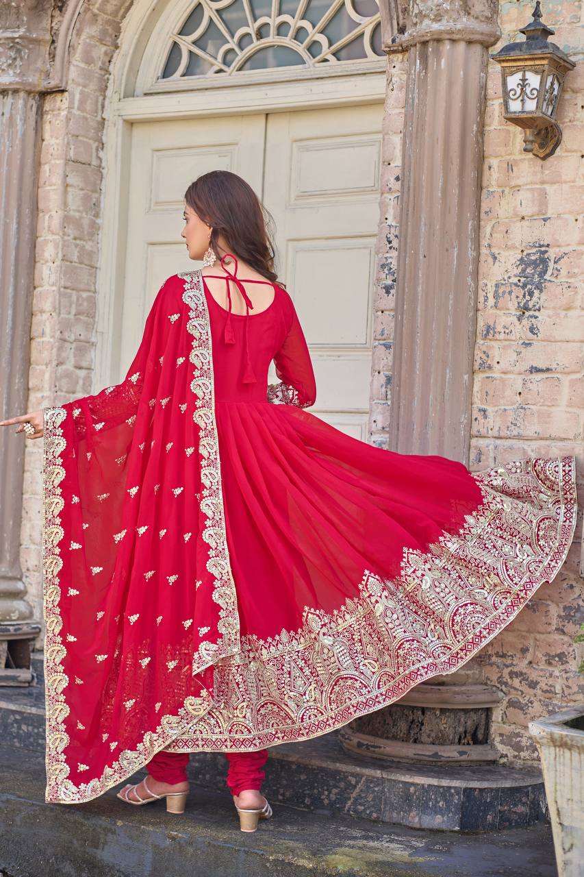 New Party Wear Pink Heavy Faux Georgette Anarkali Gown Dupatta & Bottom Set