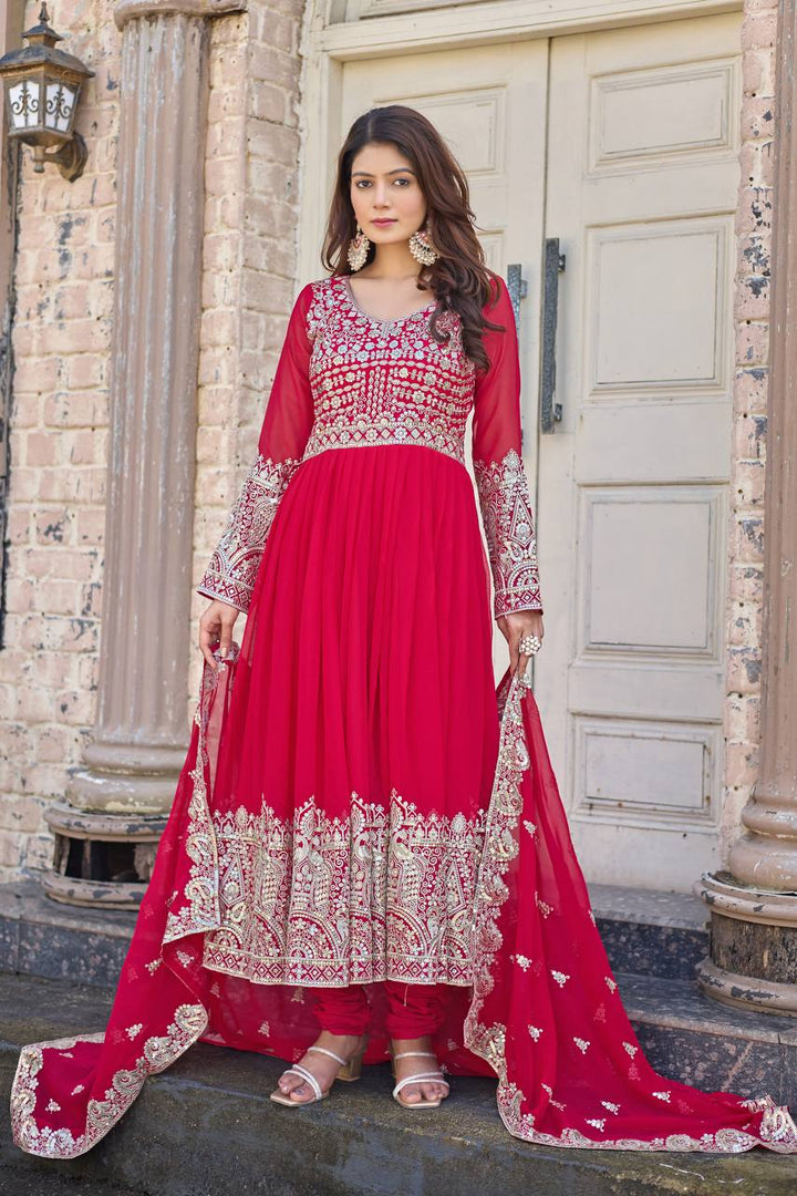 New Party Wear Pink Heavy Faux Georgette Anarkali Gown Dupatta & Bottom Set