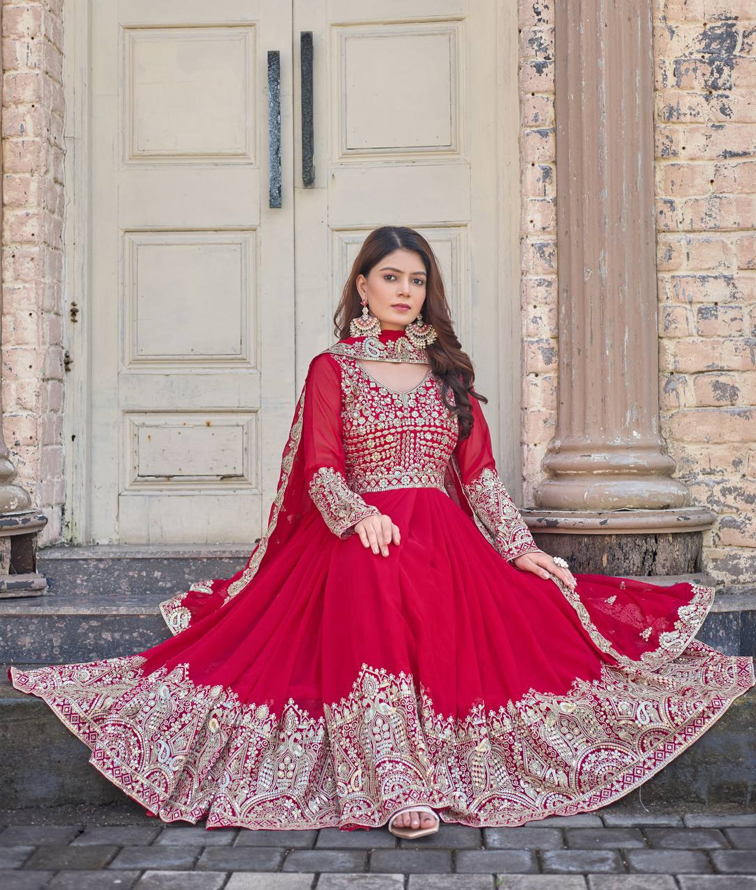 New Party Wear Pink Heavy Faux Georgette Anarkali Gown Dupatta & Bottom Set