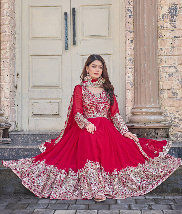 New Party Wear Pink Heavy Faux Georgette Anarkali Gown Dupatta & Bottom Set