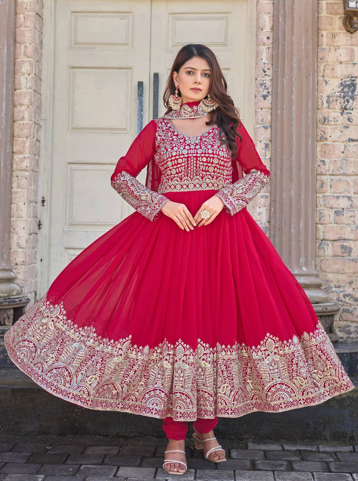 New Party Wear Pink Heavy Faux Georgette Anarkali Gown Dupatta & Bottom Set