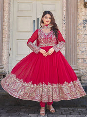 New Party Wear Pink Heavy Faux Georgette Anarkali Gown Dupatta & Bottom Set