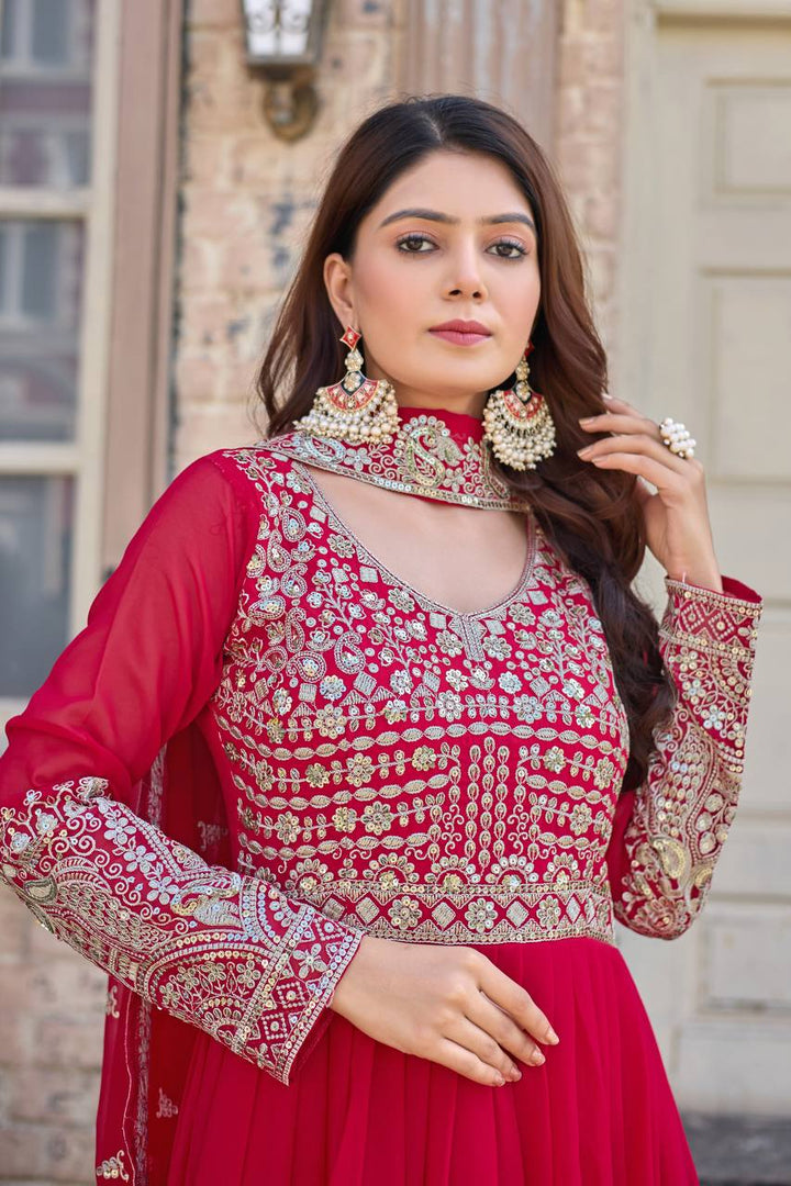New Party Wear Pink Heavy Faux Georgette Anarkali Gown Dupatta & Bottom Set