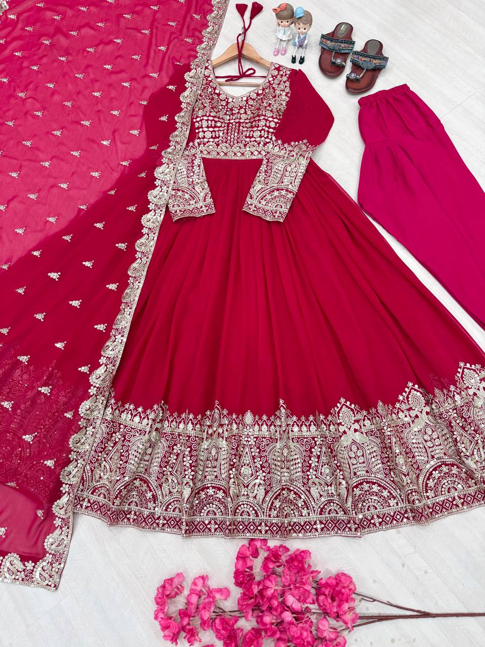 New Party Wear Pink Heavy Faux Georgette Anarkali Gown Dupatta & Bottom Set