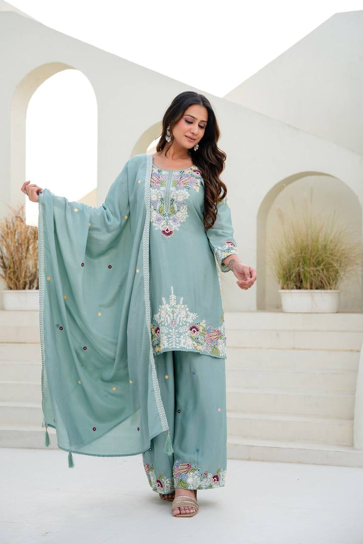 Designer Kurti Plazzo Dupatta Set