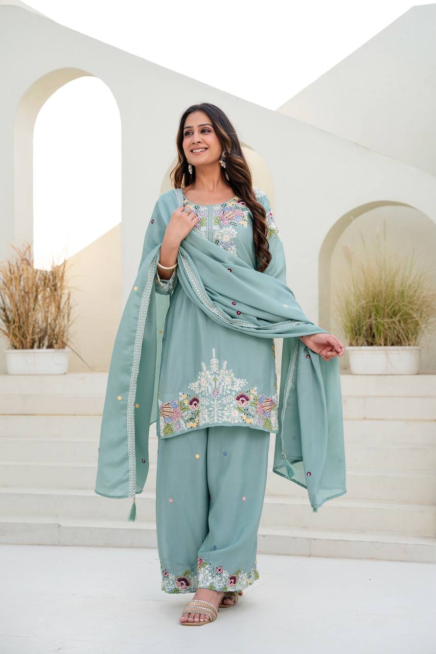 Designer Kurti Plazzo Dupatta Set