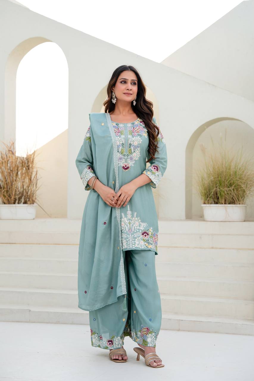 Designer Kurti Plazzo Dupatta Set