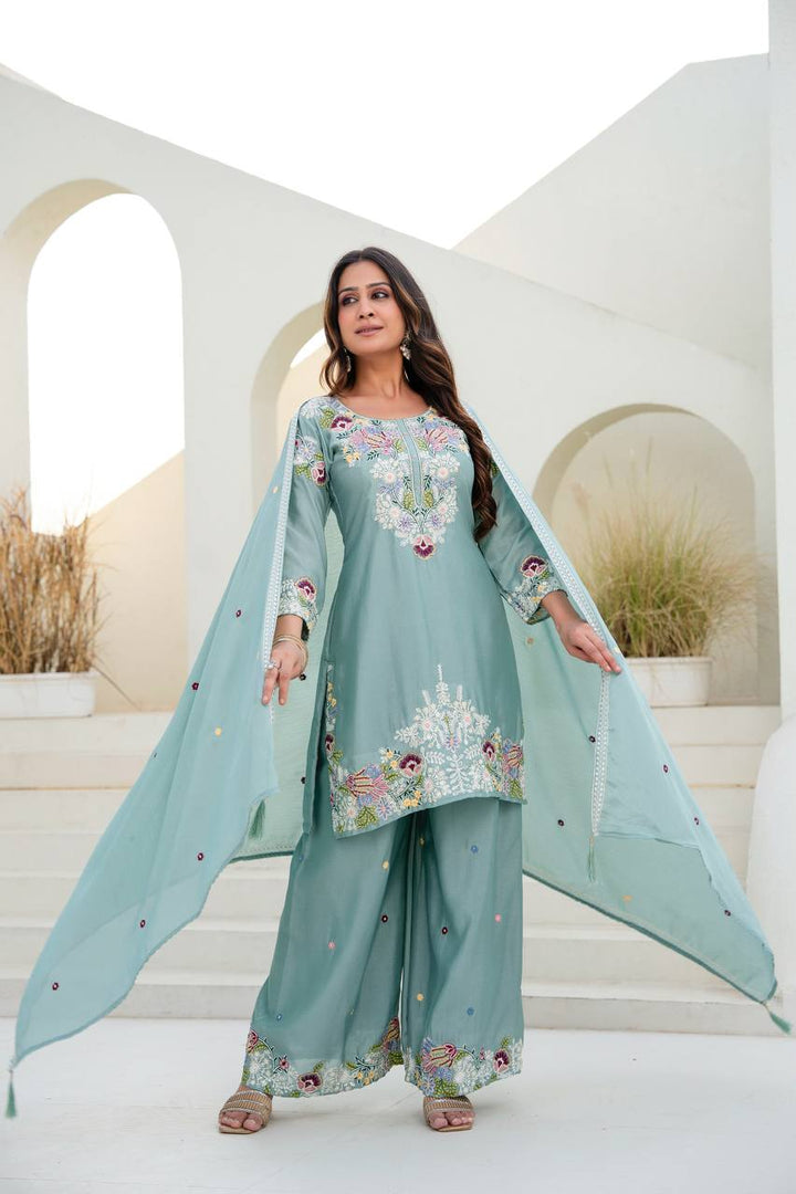 Designer Kurti Plazzo Dupatta Set
