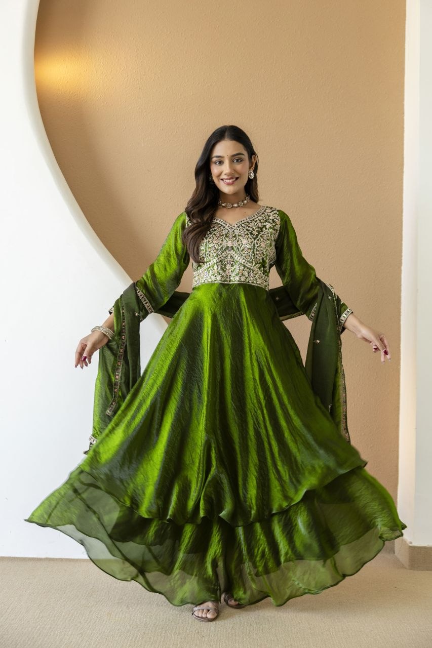 Mahendi color Fandy Silk And Embroidery Coding & Sequence Work Gown
