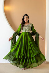 Mahendi color Fandy Silk And Embroidery Coding & Sequence Work Gown