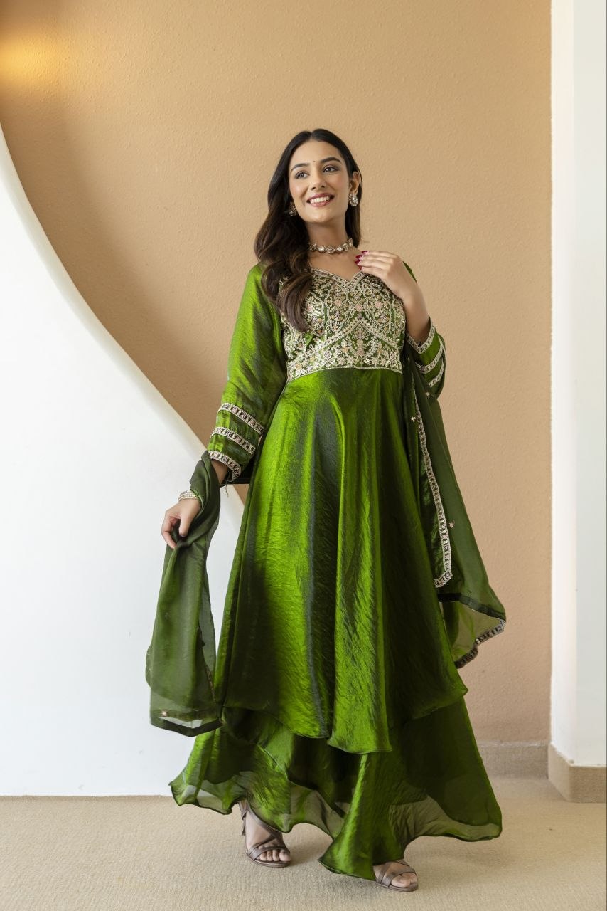 Mahendi color Fandy Silk And Embroidery Coding & Sequence Work Gown