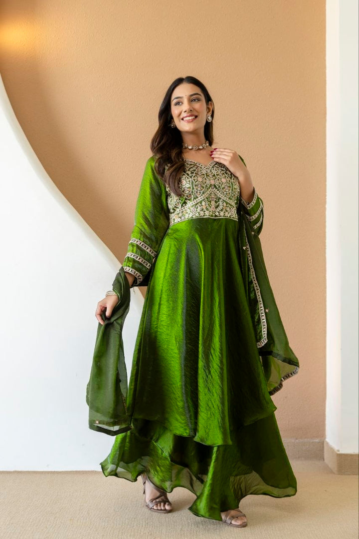 Mahendi color Fandy Silk And Embroidery Coding & Sequence Work Gown