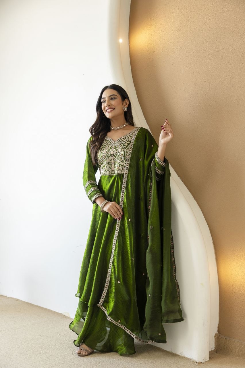 Mahendi color Fandy Silk And Embroidery Coding & Sequence Work Gown