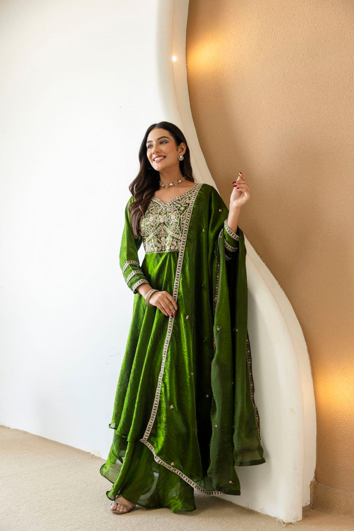 Mahendi color Fandy Silk And Embroidery Coding & Sequence Work Gown