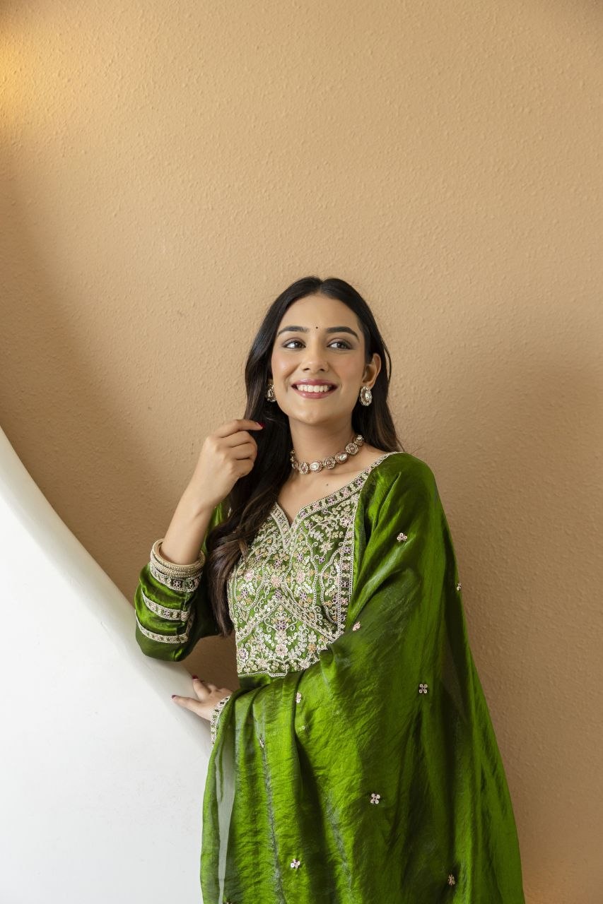 Mahendi color Fandy Silk And Embroidery Coding & Sequence Work Gown