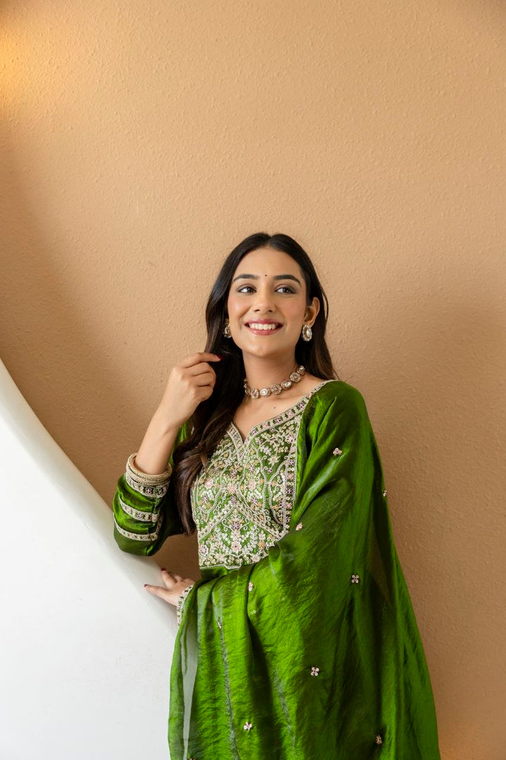Mahendi color Fandy Silk And Embroidery Coding & Sequence Work Gown