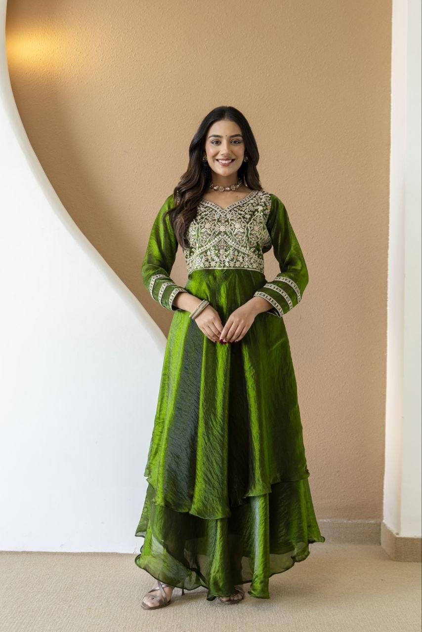 Mahendi color Fandy Silk And Embroidery Coding & Sequence Work Gown
