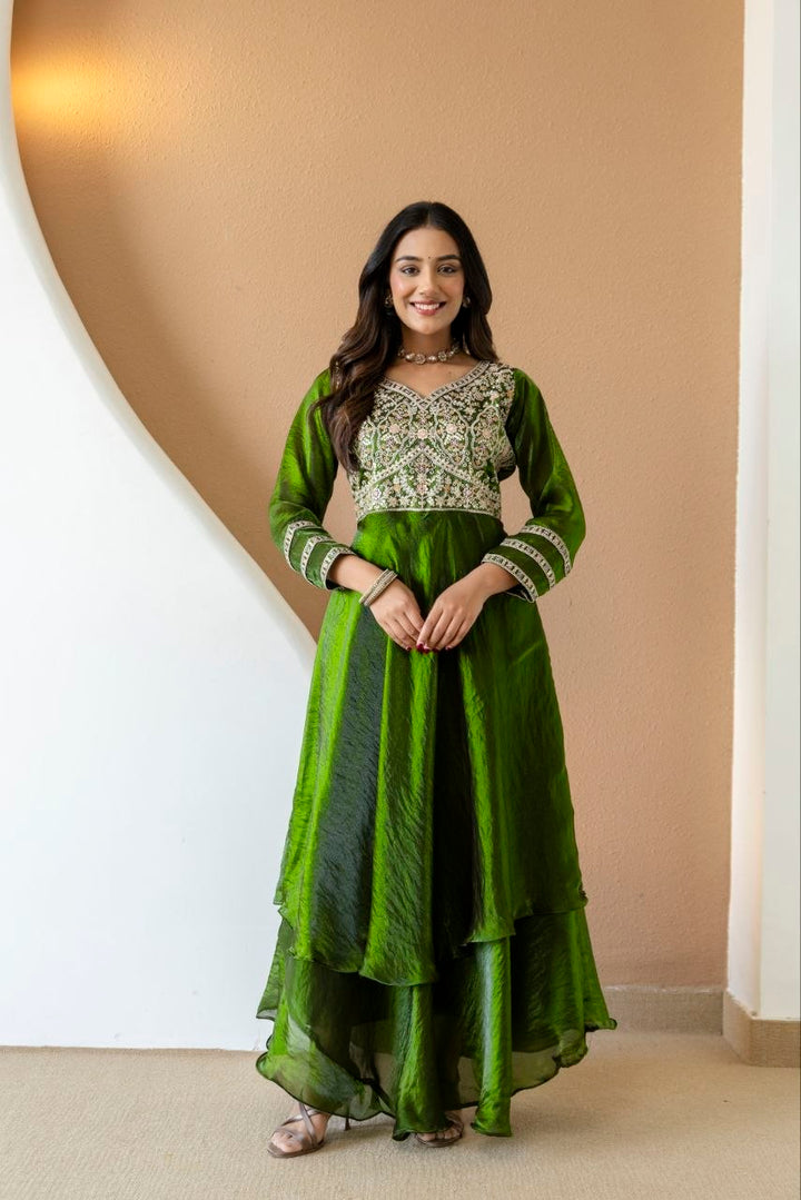 Mahendi color Fandy Silk And Embroidery Coding & Sequence Work Gown