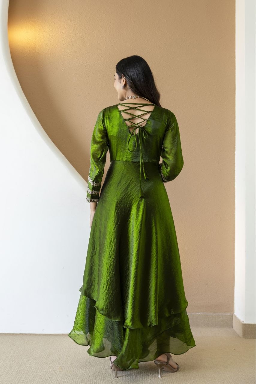 Mahendi color Fandy Silk And Embroidery Coding & Sequence Work Gown
