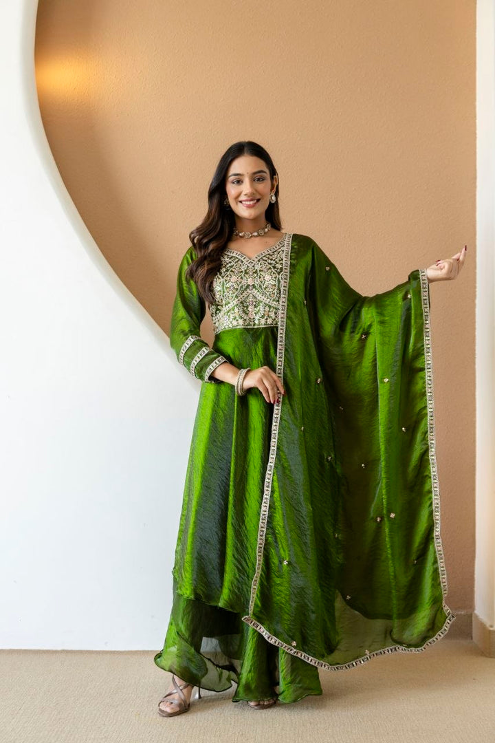 Mahendi color Fandy Silk And Embroidery Coding & Sequence Work Gown